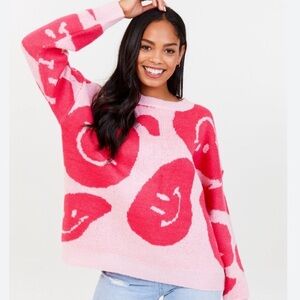 Altar’d State Pink Smily Face don’t worry be happy Sweater oversized XS
